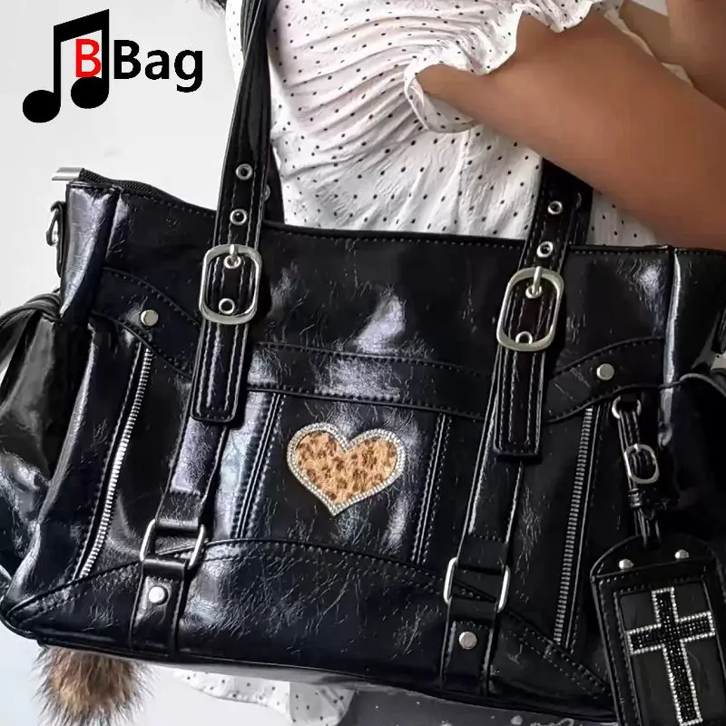 Niche Design Shoulder Crossbody Bag Large Capacity Tote Y2K Hot Girl Cross Motorcycle Bag Punk Grunge Dark Academia Alt Goth