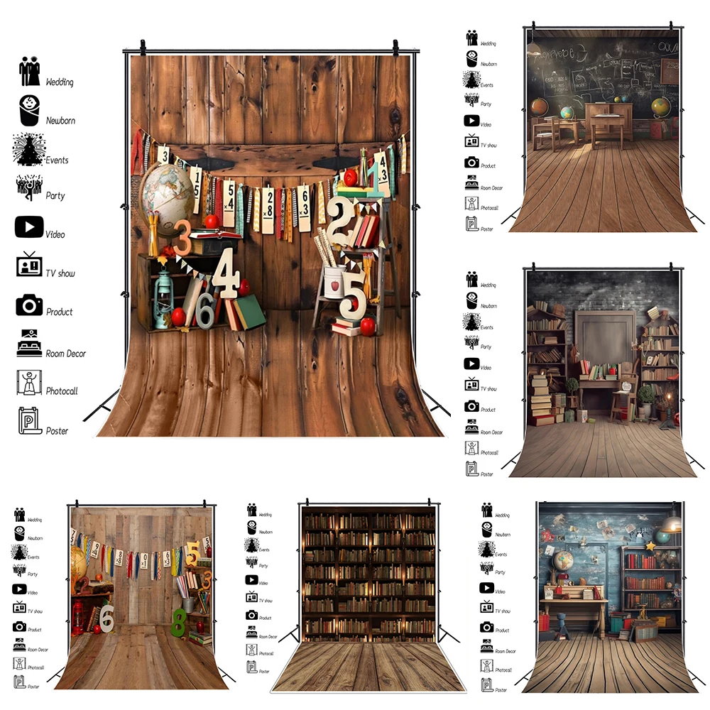 

Back to School Backdrop Wood Library Bookshelf Pencil Kindergarten Graduation Baby Child Portrait Photography Background Decor