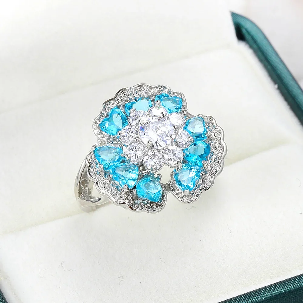 SODROV Vintage Green Zircon Jewelry Flower Shape Rings for Women