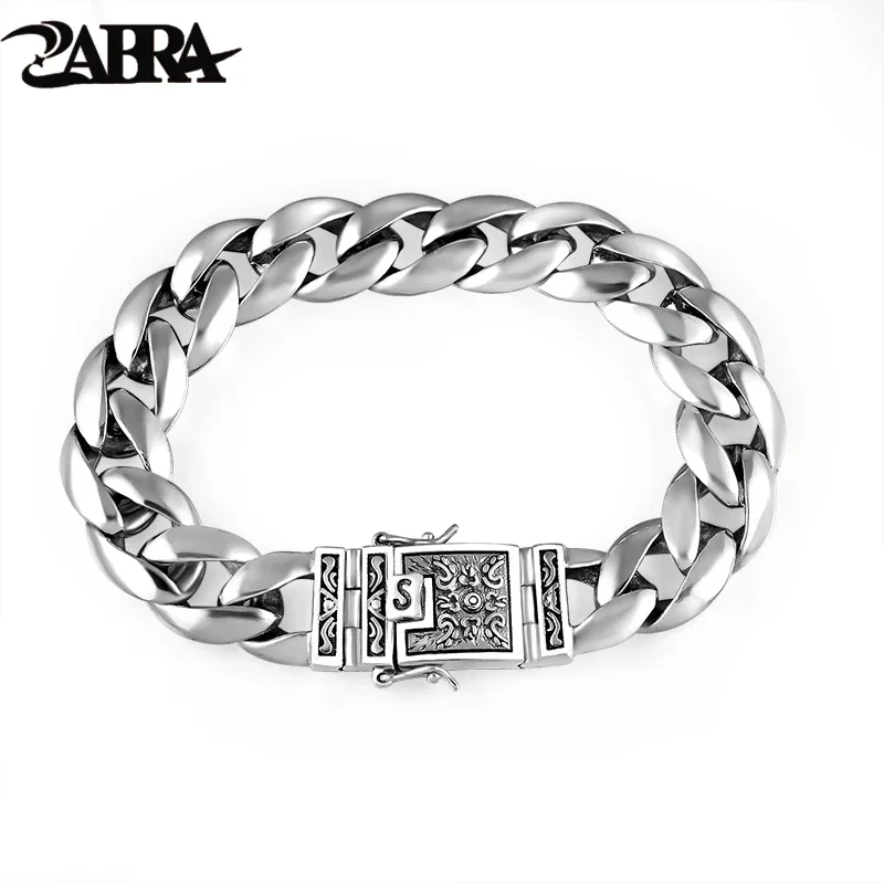 

ZABRA Real 925 Silver Men's Bracelet 12mm Wide Smooth Flower Safe Lock High Polish Link Chain Male Biker Silver Bracelet