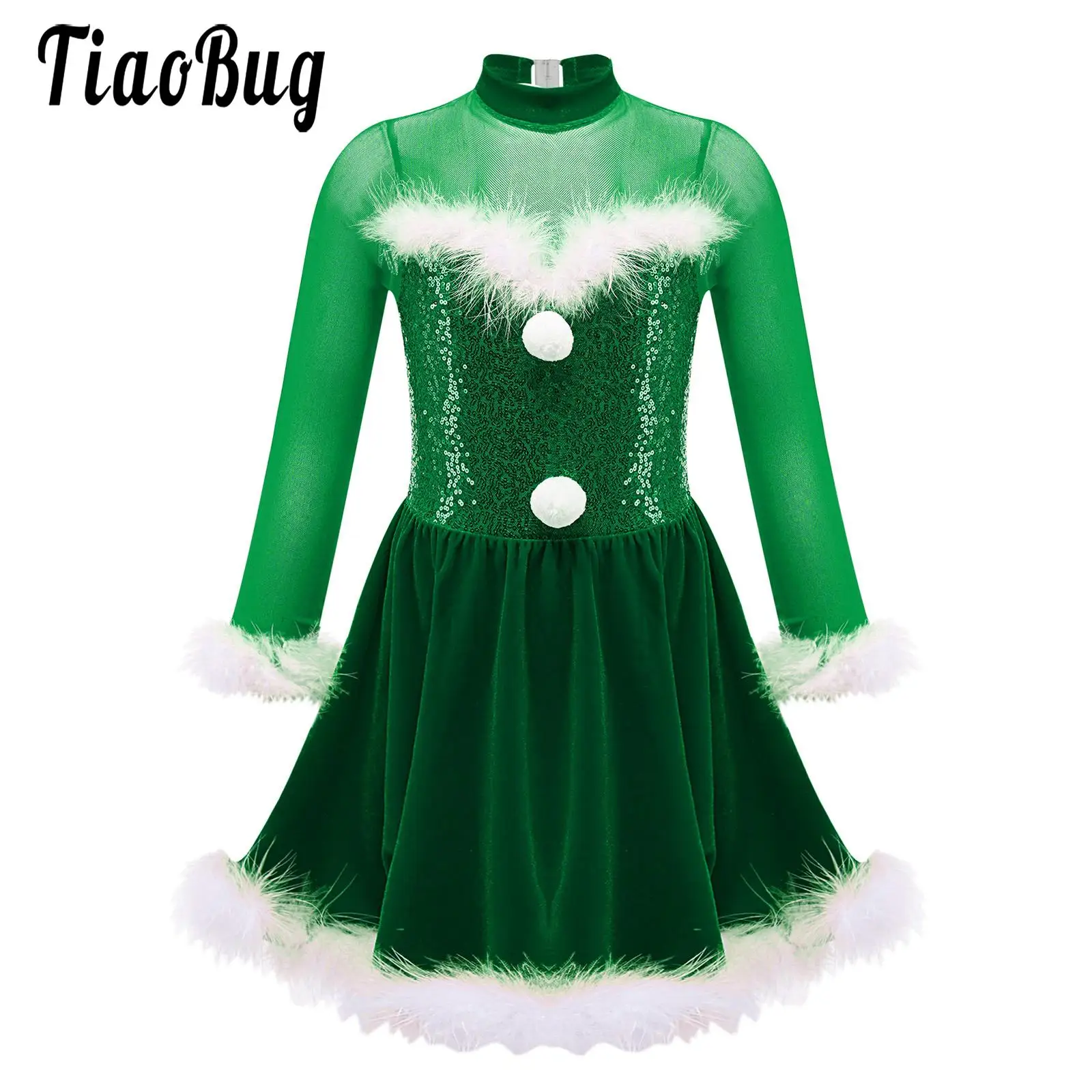 Kids Girls Christmas Elf Costumes Shiny Sequins Figure Ice Skating Dress Ballet Lyrical Dance Christmas Santa Snowman Outfits