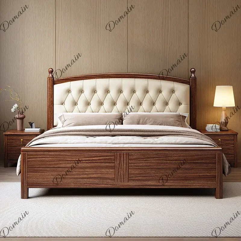 BJ Modern Luxury Solid Walnut Wood Bed Queen Size King Upholstered Leather Platform Bed For Small Bedroom Master Bedroom Couple