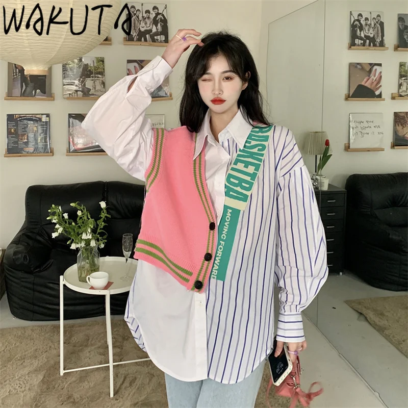 WAKUTA New Patchwork Striped Shirts Women Korean 2024 Spring Autumn Oversize Casual Streetwear Long Sleeve Fake 2 Piece Tops