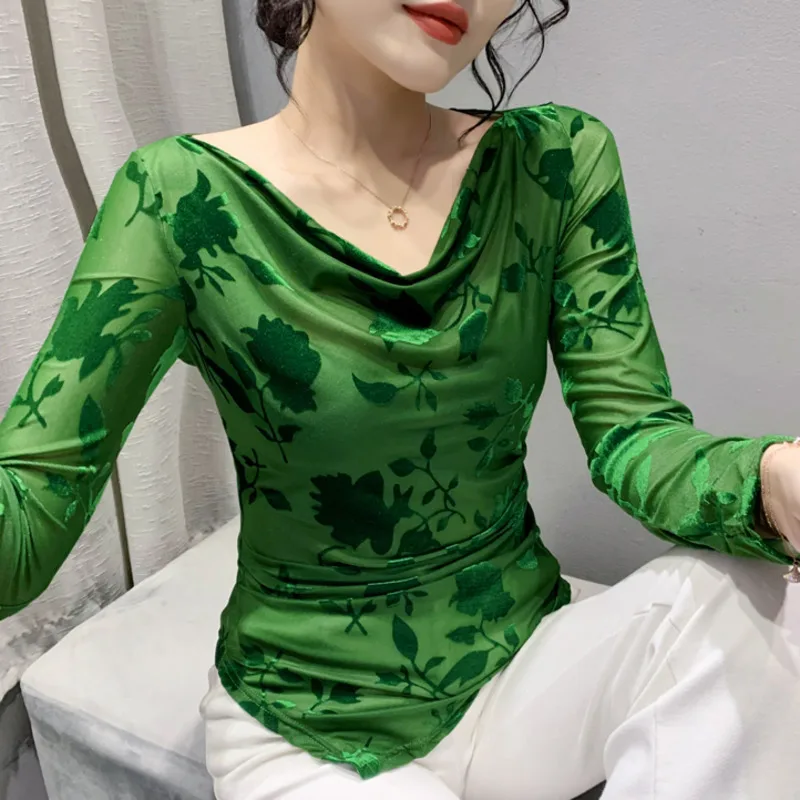 #8209 ירוק שחור לא סדירה רשת t חולצה נשים דק אלסטי הבציר את הכתף ההדוקה חולצה ארוכה שרוול קוריאני סגנון האביב