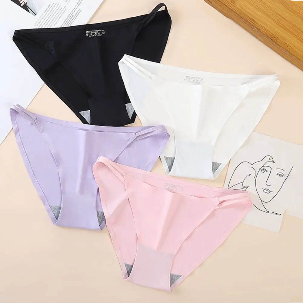 Simple Lingerie Low-waist Cotton Crotch Bandage Solid Color Women Briefs G-strings Ice Silk Panties Seamless Thong