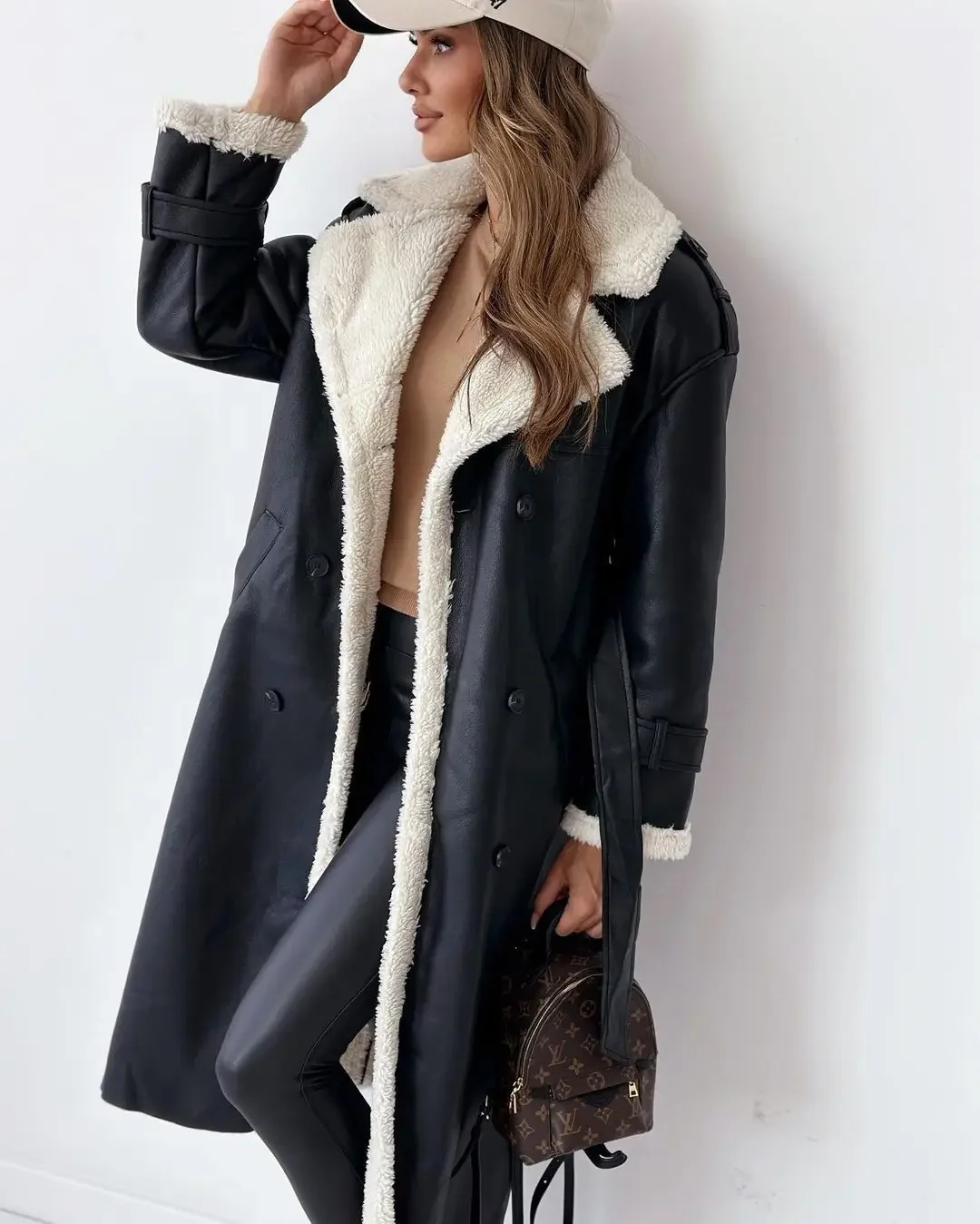 Composite Leather Plush Jackets Outwear Stand-up Collar Wrap Jackets Women Long Sleeve Coat Double-breasted Trench Overcoats