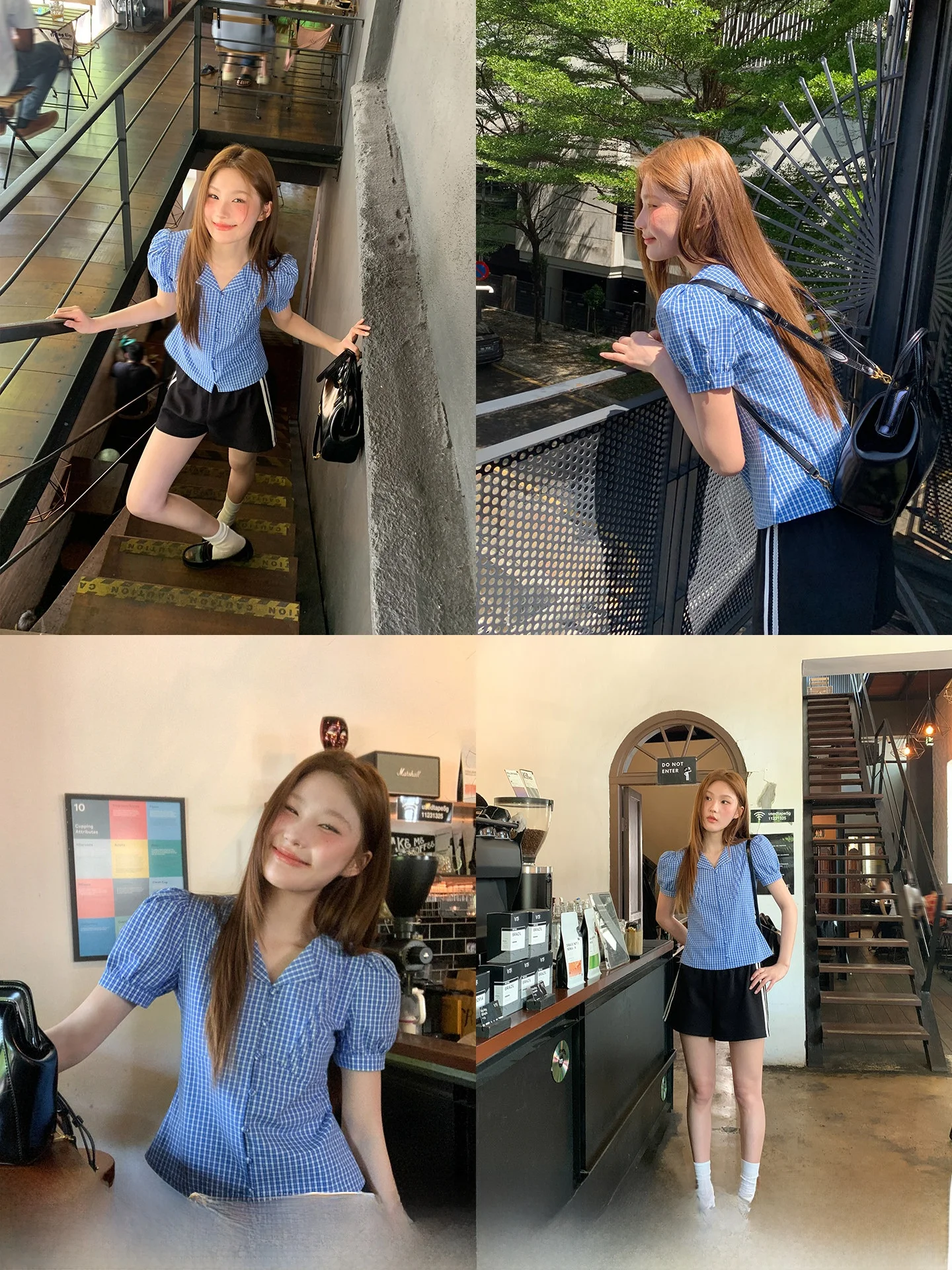 

Рубашка в стиле ретро с V-образным вырезом и рукавами-фонариками, синяя в клетку, 100% хлопок, короткий рукав, стандартная длина, молодежная женская модная рубашка