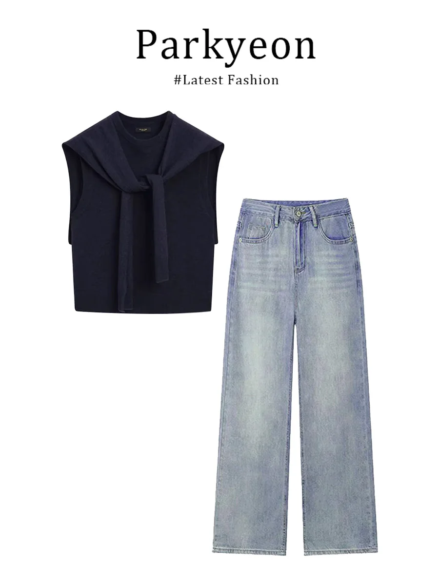 

Модный комплект Parkyeon: вязаный жилет-шаль и свободные джинсы для женщин, летний повседневный образ