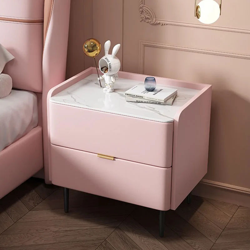 With Sintered Stone Top Modern High End Minimalist Wooden Bedside Table pink Bedside Table for Home Use Leather Bedside Table