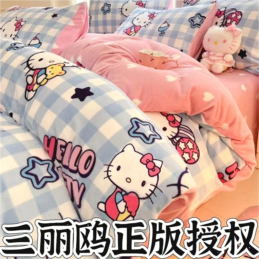 Sanrios 4Pcs/Set Cute Cartoon Hello Kittys Queen Size Bed Set Quilt Cover Children's Bed Sheet Household Items Exquisite Gifts