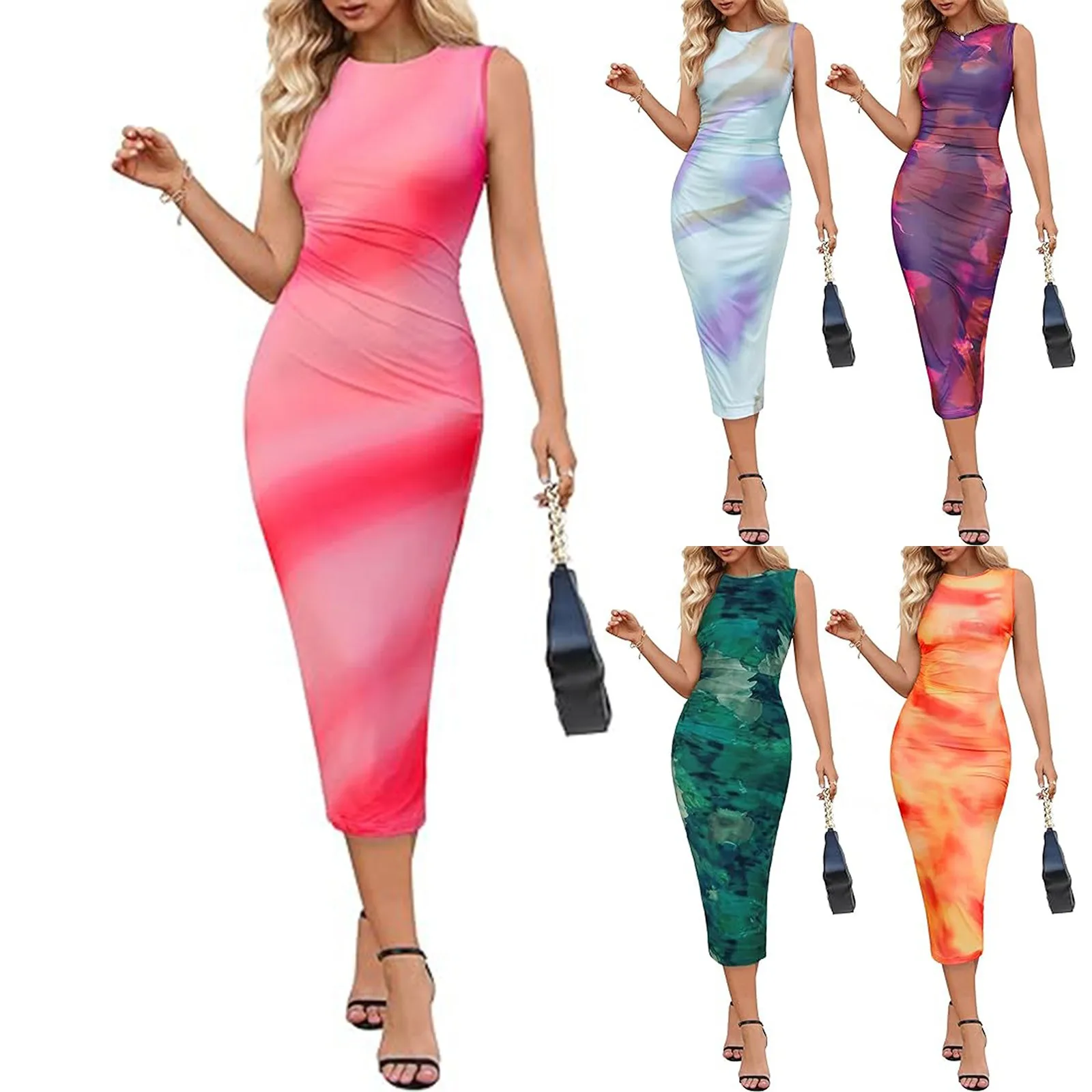 2024 new Tie Dye Print Dress Women Summer Slim Fit Round Neck Sleeveless Bodycon Mini Dress Club Party Dresses 2000s Streetwear