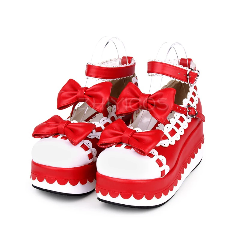 Sweet Lolita Wedge Platform Shoes Color Block Scalloped Edge Dual Front Bow Heart Buckle Ankle Strap Princess Shoes for Women
