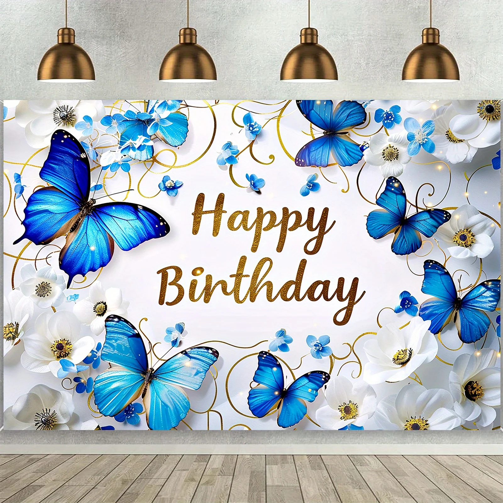 1 blauer Schmetterlingshintergrund, Happy Birthday, Blumendekoration, Sternschnuppe, Schmetterlingssegen, Dekoration für Themenpartys – Detail 2
