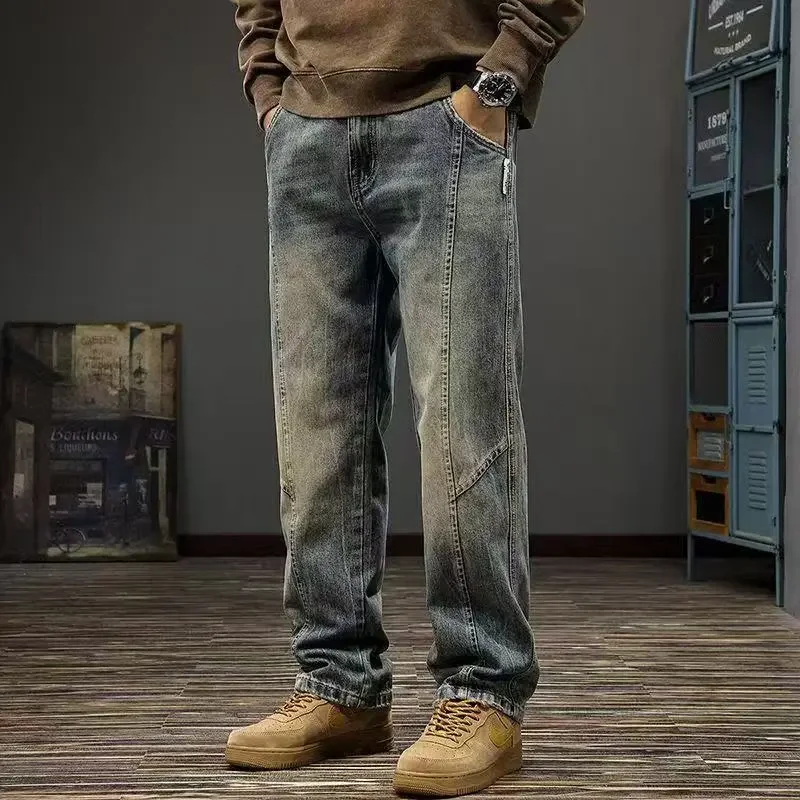 

Осень и зима, новые американские ретро-дизайны, лоскутные джинсы, мужские свободные висячие прямые широкие брюки