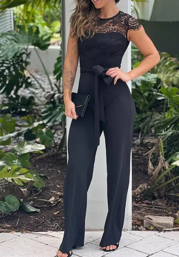 2025 Jumpsuit Women Fashion Spring/summer Latest Hot Contrast Lace Round Neck Waist Tied Detail Jumpsuit Casual Slim Fit Romper