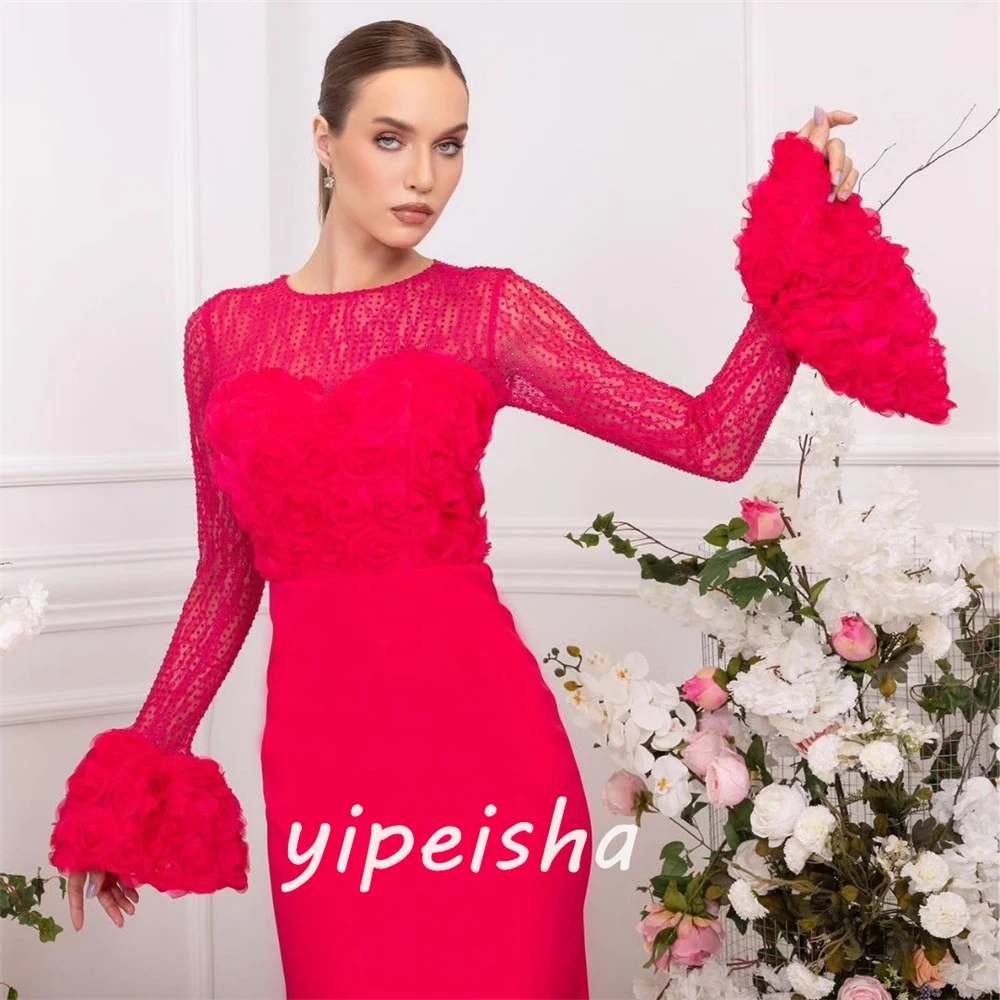 Customized  Evening Jersey Flower Ruffle Beach A-line O-Neck Bespoke Occasion Gown Midi Dresses