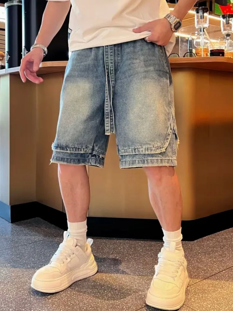 Summer American Style Men Cargo Shorts Drawstring Knee Length Straight Trousers High Street Loose Fit Casual Mens Vintage Shorts