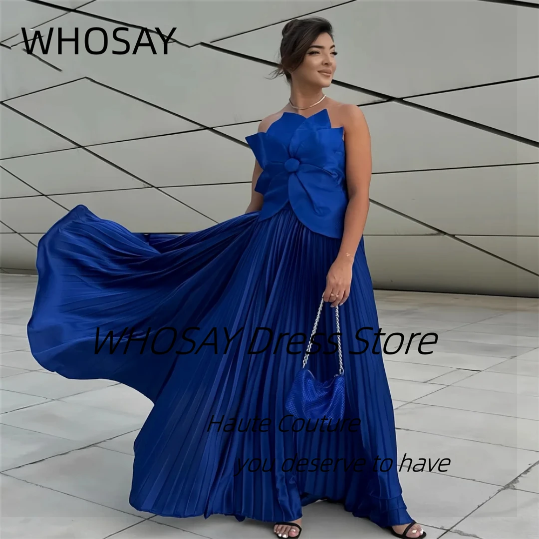 

Вечернее платье WHOSAY королевского синего цвета с большим цветком, без бретелек, длинное, плиссированное, А-силуэт, на заказ, для особых случаев