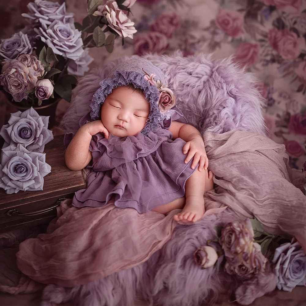 French Vintage Newborn Photography Props Set Purple Lace Bonnet&Baby Photo Dresses Studio Baby Aesthetic Photo Shoot Decor Props