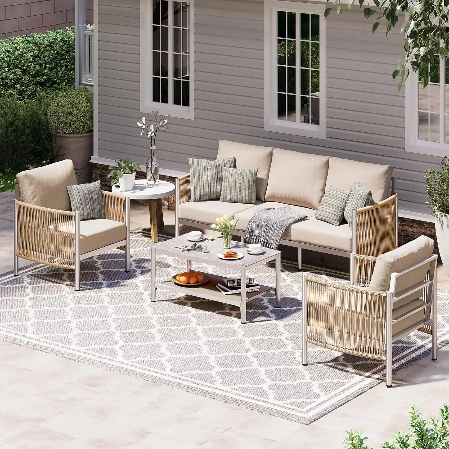 

Aluminum Outdoor Patio Furniture Set With Dual-Layer Coffee Table, 4 Piece Modern Patio Conversation Sets With PE, Customized