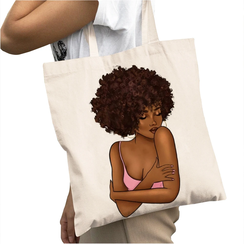 Casual African Girl Big Capacity Shopping Bags for Women Reusable Double Print Beautiful Black Fashion Lady Canvas Shopper Bag ​