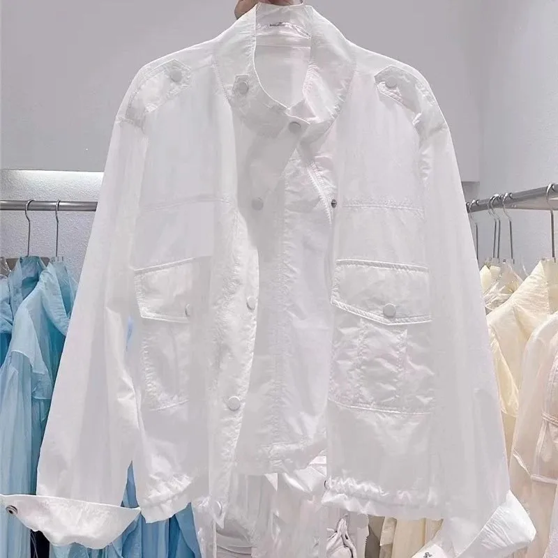 

2025 Summer Stand Collar Pocket Sun Protection Clothing Women Loose Fitting UV Resistant Sun Protection Shirt Thin Short Jacket
