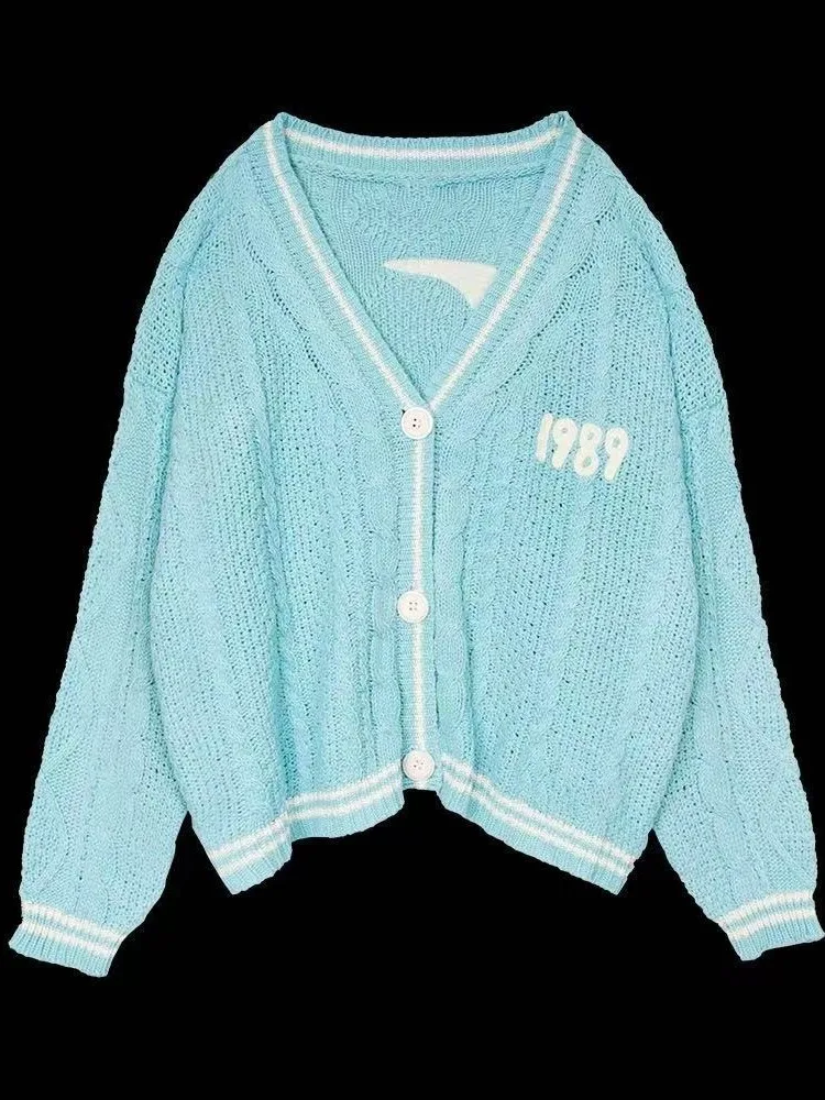 Casual Light Blue Knitted Cardigan Women\'s Sweaters Preppy Cute Button Up V Neck Long Sleeve Loose Coat Autumn Y2K Sweater Femme