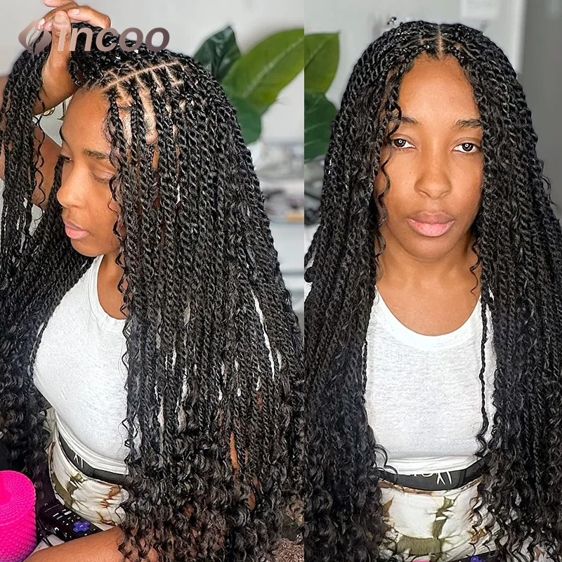 Synthetic Full Lace Front Wigs Twist Boho Box Braided Wigs Goddess Locs Braided Wig Curly Hair for Women Bohemian Box Braid Wig