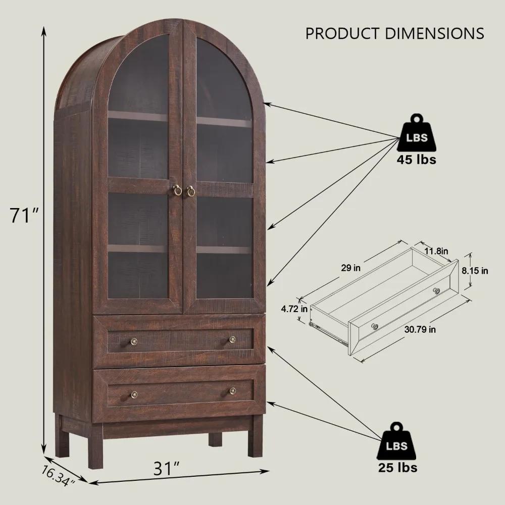 71" Tall Arched Kitchen Pantry Cabinet, Wood Kitchen Storage Cabinets with 2 Large Drawers and Adjustable Shelves image 2