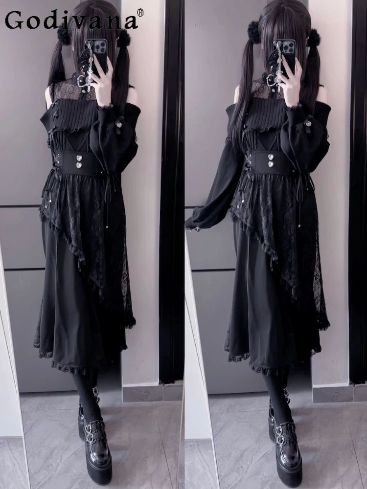 

Japanese Subculture Mass-produced Mine Black Fishtail Skirts Spring and Autumn Women's Lace Long Skirts Girls' Sweet Sweaters