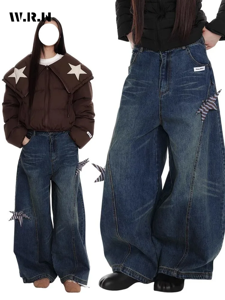 

Women High Waist Casual Baggy Pocket Y2K Pants American Retro Oversized Jeans 2000S Stars Appliques Grunge Street Denim Trouser