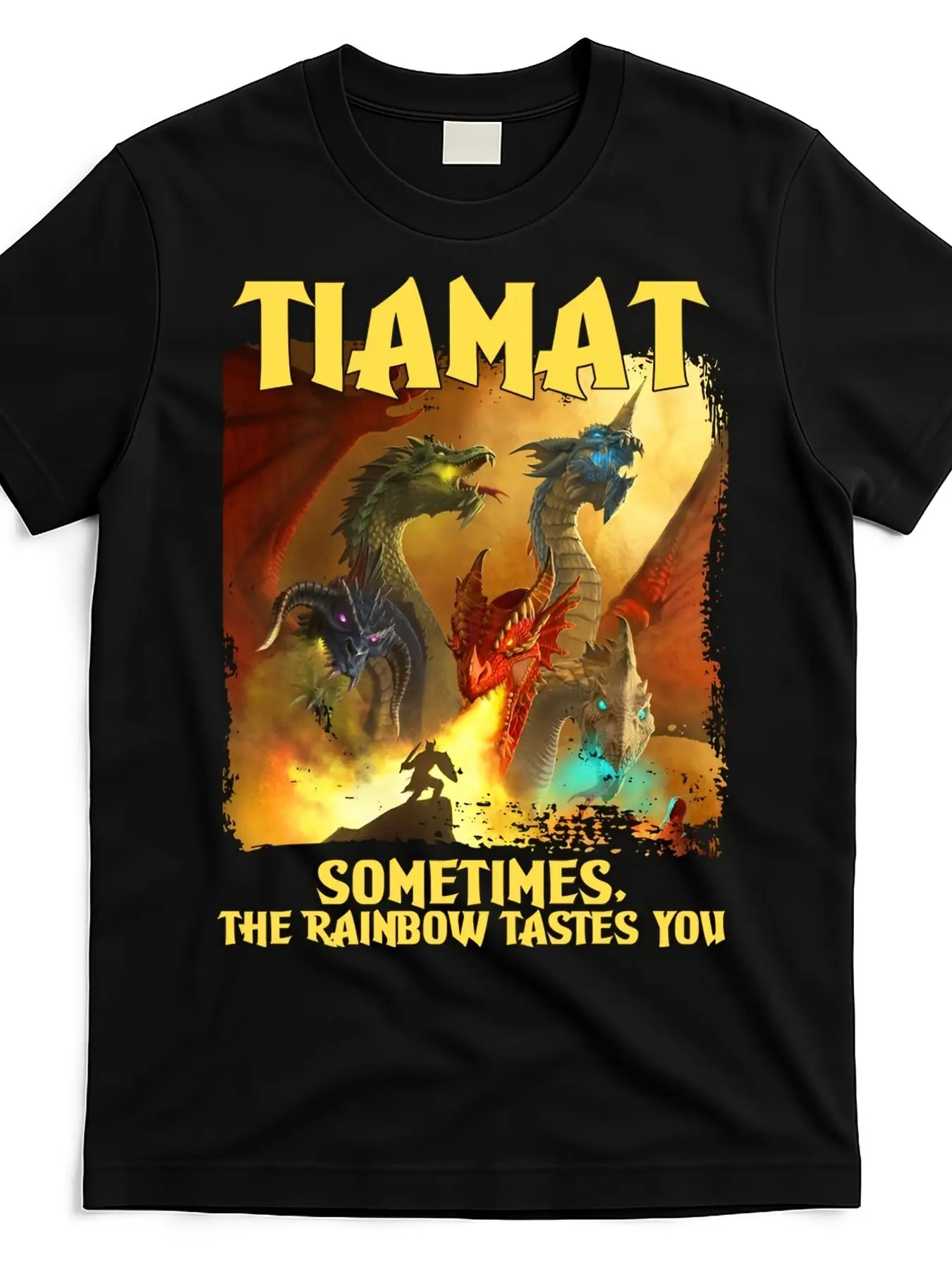 Men's Plus Size TIAMAT Mythical Dragon Graphic T-Shirt - Bold Yellow Text with Colorful Creatures, Fiery Scene and Warrior Silhouette - Unique Casual Tee for Fantasy Fans and Graphic Tee Lovers