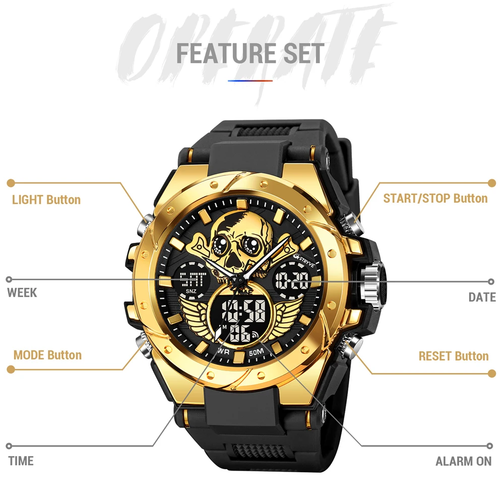 STRYVE Fashion Digital Mens Military Watch 50M Waterproof Wristwatch Sport Men Skull Dial Dual Display Watches LED Quartz Clock