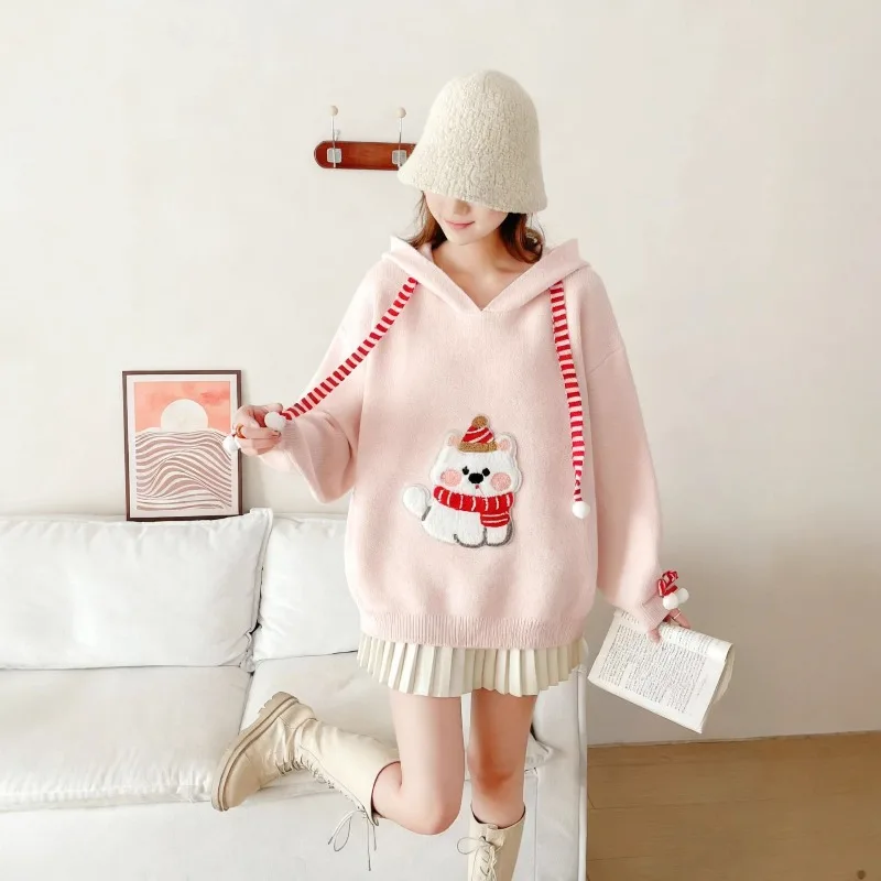 

Sweater Women Pullover Fashionable Hooded Sweater Top, Autumn/Winter New Korean Style Loose Cartoon Long Sleeve Knitwear