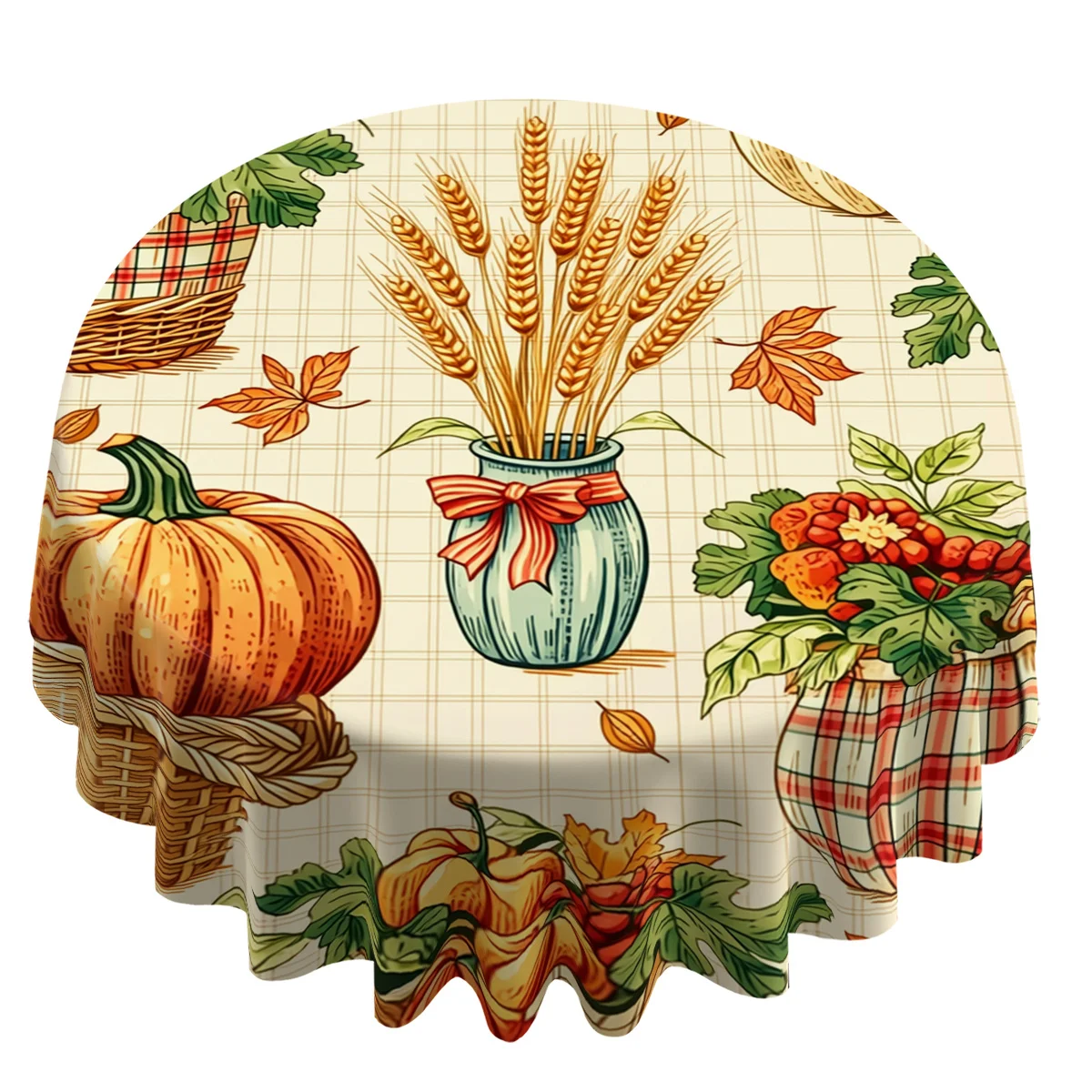 1pc Round Tablecloth, 2D Pattern Printed Round Tablecloth with Pumpkin, Wheat, Berries And Autumn Leaves Design