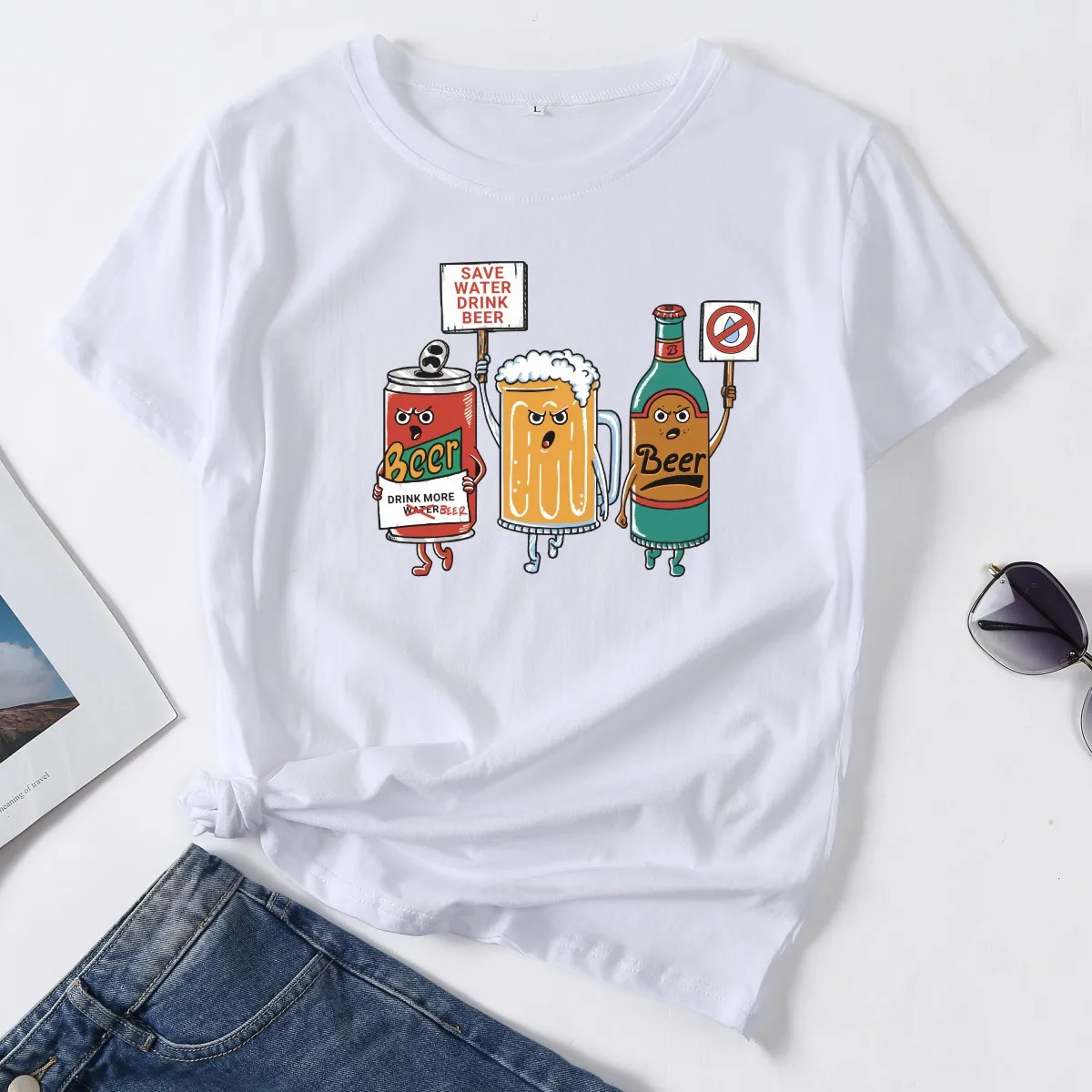 Kawaii Humorous Save Water Drink Beer Woman TShirt Summer Short Sleeve Tops Harajuku Aesthetic Graphic Tshirts Ropa Mujer