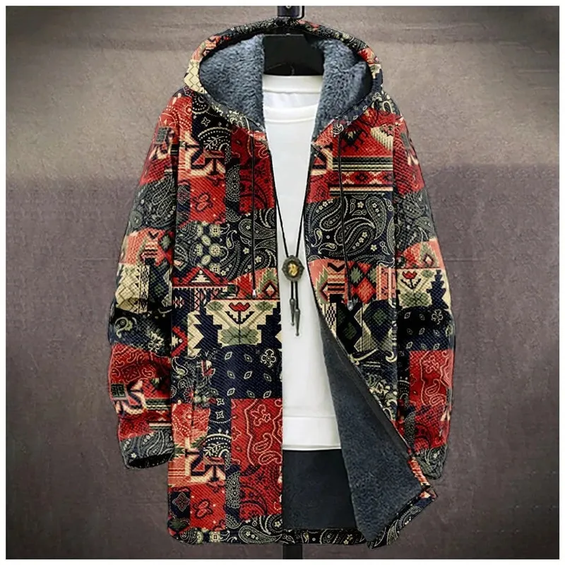 

Men's Fashion Winter Zipper Hoodie Bohemian Retro 3D Printed Zipper Wool Jacket Neutral Street Casual Thick Warm Cloak Z0336