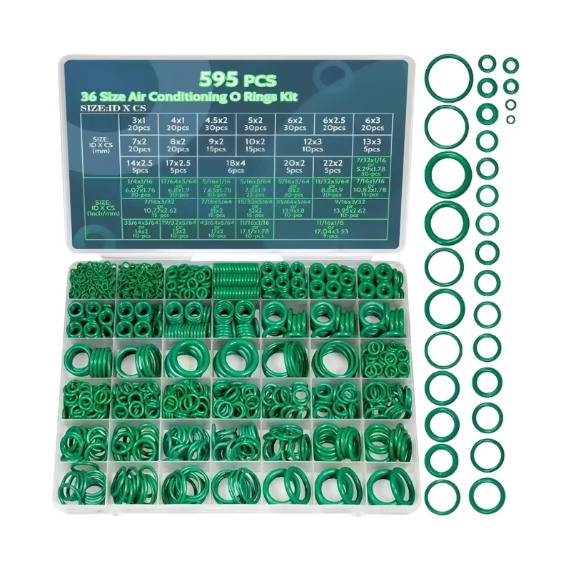 41XA Green Rubber O Gasket Set for Air Conditioning Repair, 595 Piece 36 Size Selection with Size Guide in Storage Box for