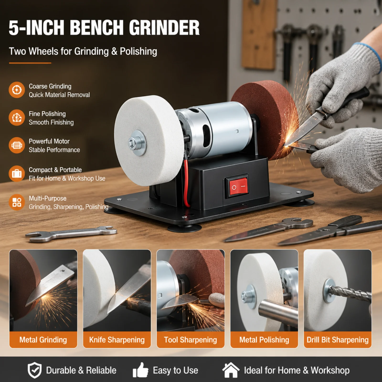 Small Power Bench Multi-Functional Mini Bench Compact Size Desktop Grinding Machine for Crafters, Hobbyists, Garage, Craft Room