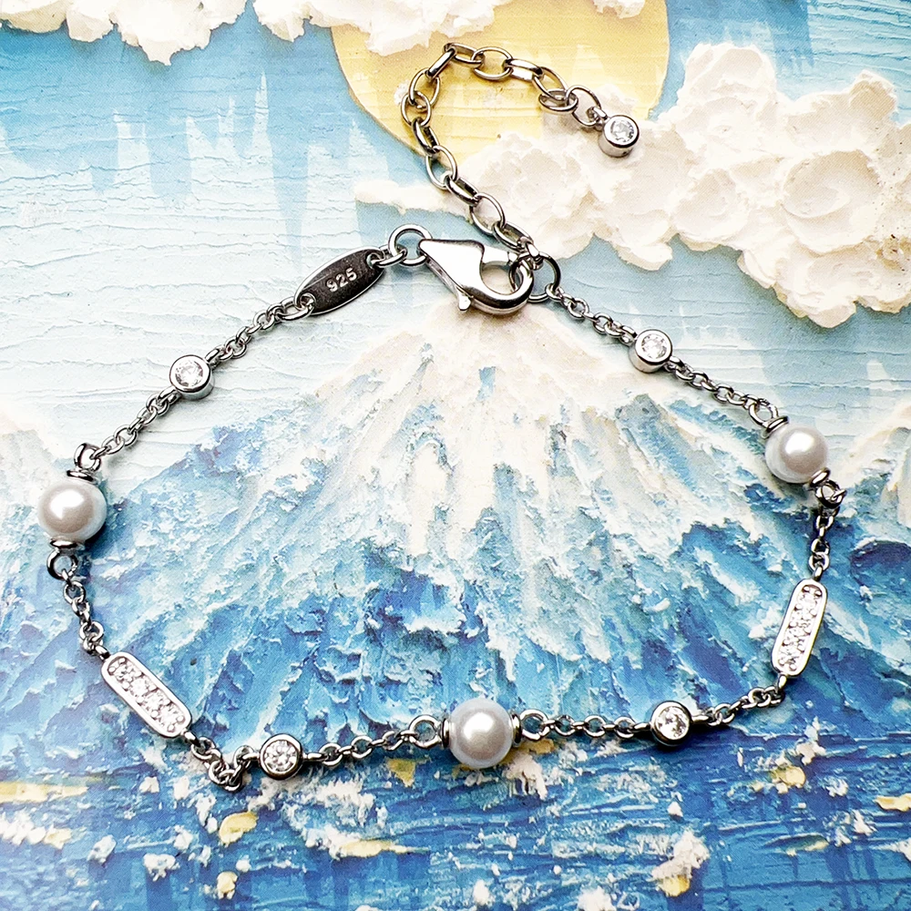 Armband mit Süßwasserperle und weißem Stein, 925er Sterlingsilber, edler Schmuck, Europa, klassisches Geschenk für Damen – Detail 4