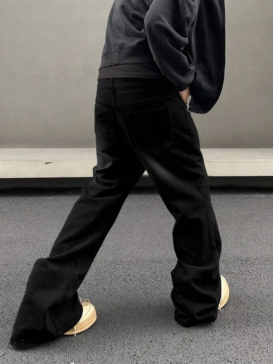 Men's casual fashion side pocket jeans American hip hop loose jeans, black simple design, suitable for daily wear in all seasons