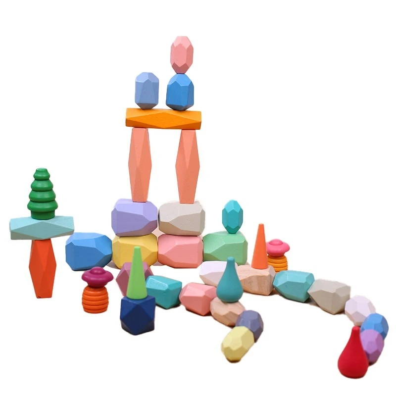 Child Puzzle Wooden Colored Stone Stacking Balance Stacking Stone  Block Toys Enlightenment Early Education Building Block Toys