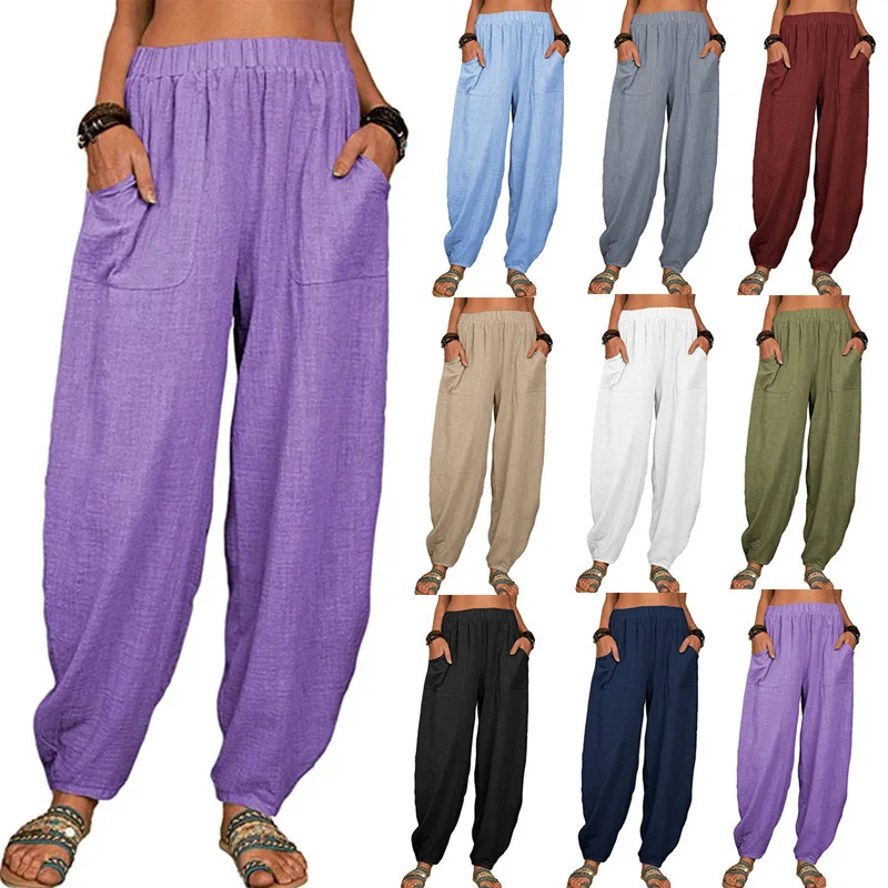 

Women Harem Pants Summer Casual Vintage Cotton Linen Pants Elastic Waist Wide Leg Retro Loose Pockets Female Mom Trousers S-5XL