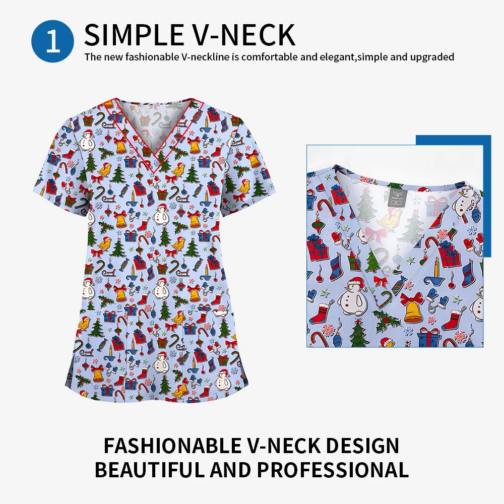 Nurse Accessories Christmas Print Pet Hospital Doctor T-shirts Nursing Clothes Women Cartoon Scrubs Tops Medical Doctor Uniforms