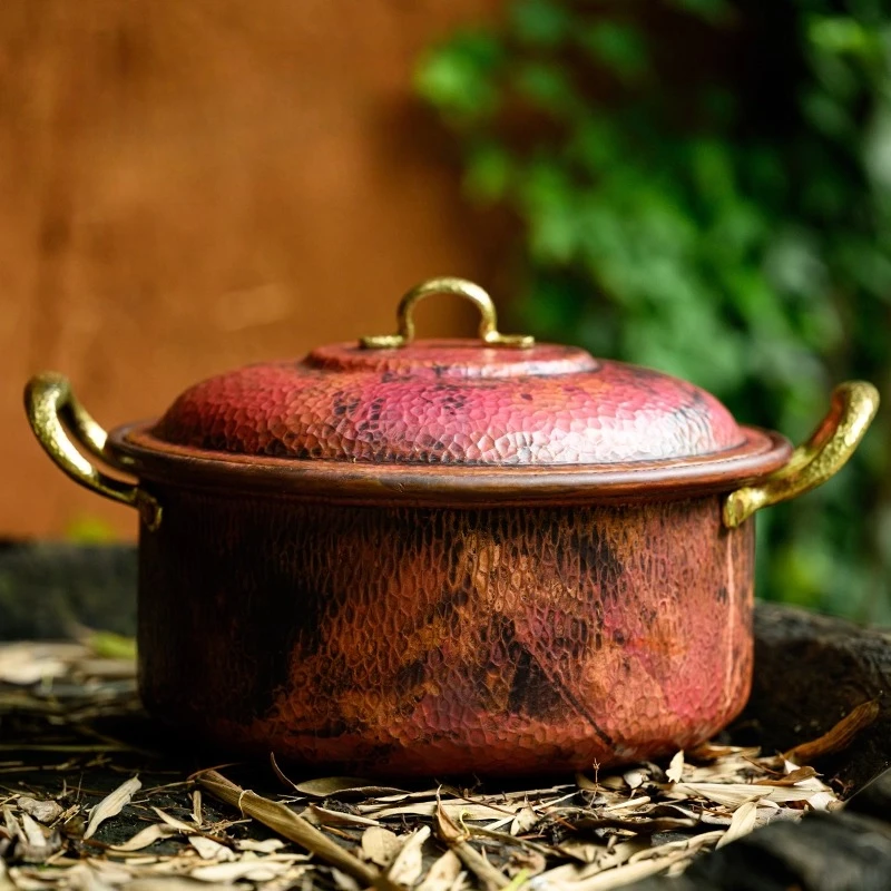 

Large-capacity Multi-purpose Copper Pot, Handcrafted Thickened Double-ear Soup Pot Hammer Texture Flame-colored Stew Pots