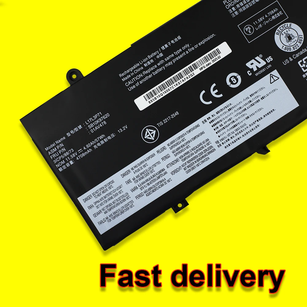 

For Lenovo ThinkPad T480S Series Laptop Battery L17L3P71 L17M3P71 01AV478 01AV479 01AV480 SB10K97620 SB10K97621 11.58V 57Wh