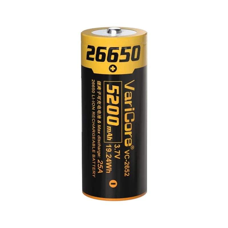 Rechargeable 26650 Lithium Battery VC-2652 3.7V 5200mAh 25A Cell for Strong Light Flashlight, No PCB Flat Top view 3