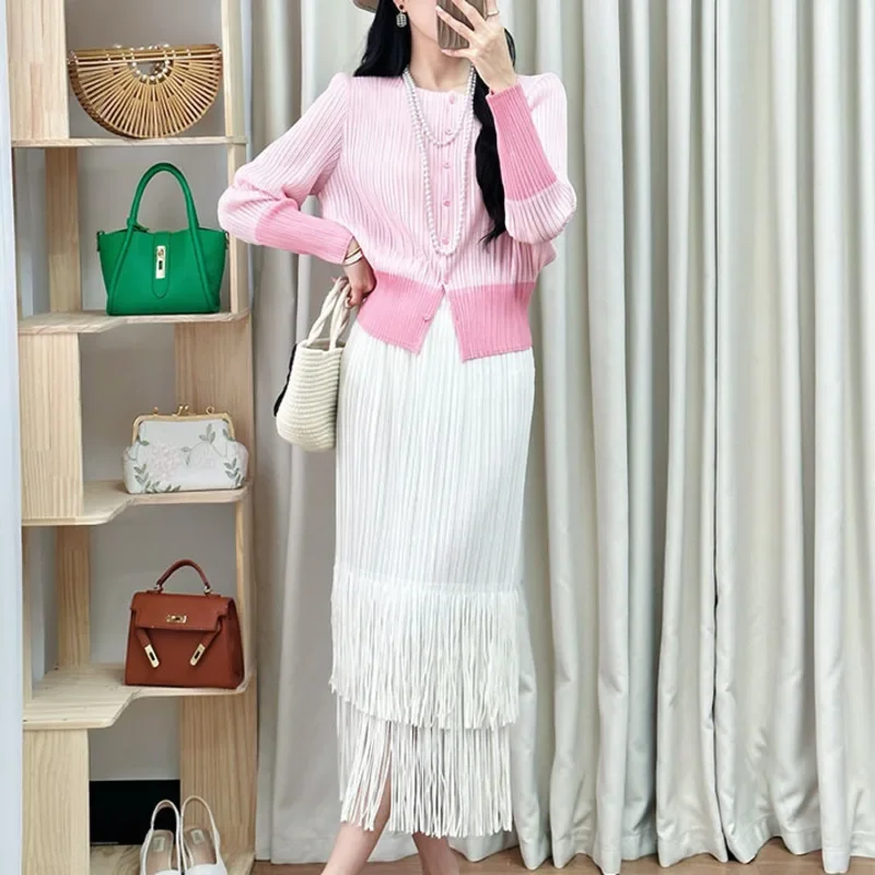 

Women's Round Neck Long Sleeve Top + High Waisted Fringe Skirt 2025 Summer New Wave Miyake Fashion Folding Two Piece Set