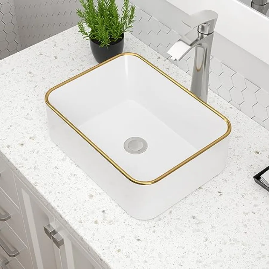 

Vessel Sink Rectangular Vessel Sink with Gold Rim Ceramic Porcelain Rectangle Bathroom Sink Above Counter Vanity Sink Basin