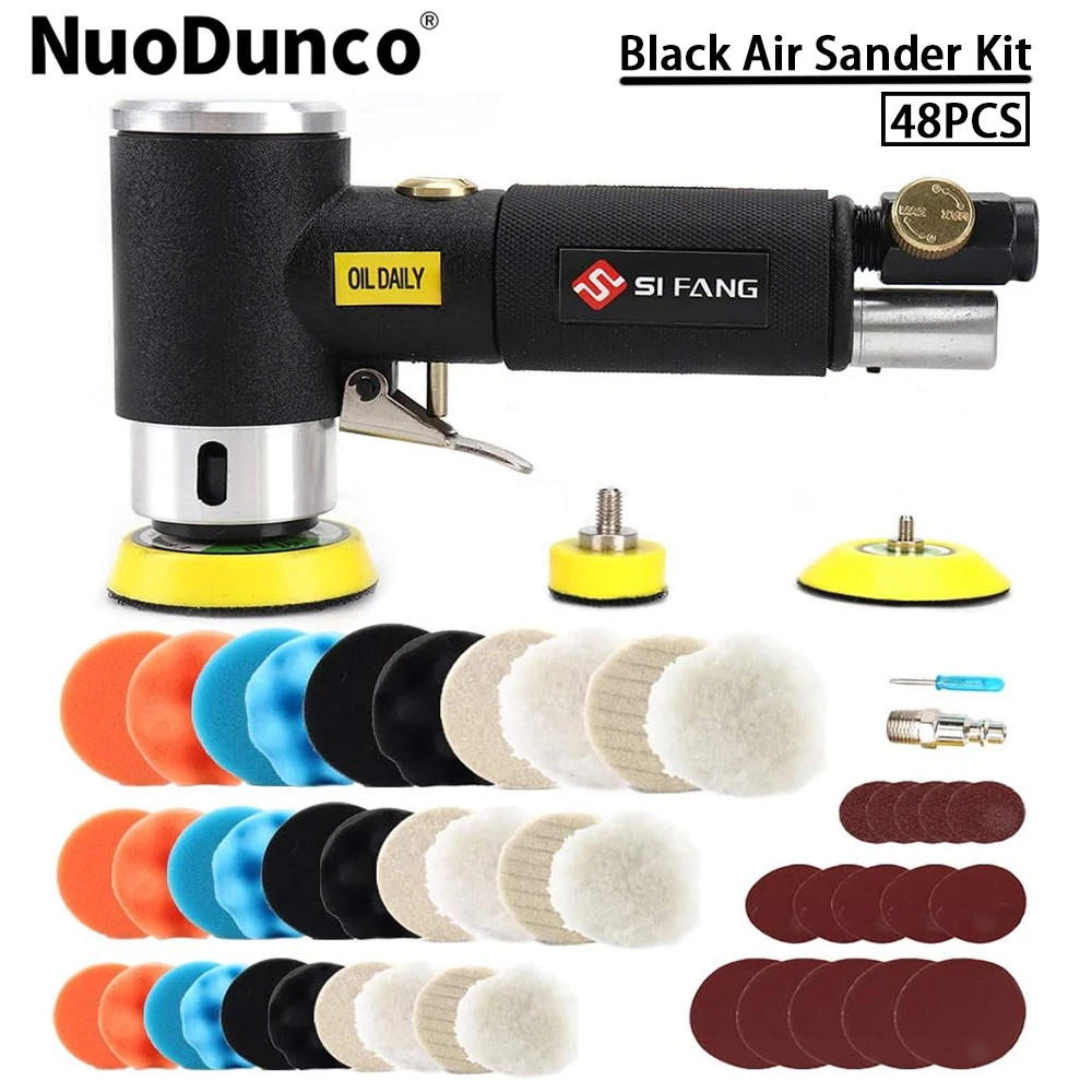 

48 шт. 1 дюйм 2 дюйма 3 дюйма Мини-комплект орбитальной черной воздушной шлифовальной машины 1/2/3 дюйма Полировальная губка и шерстяные подушечки Наждачная бумага для работы на теле